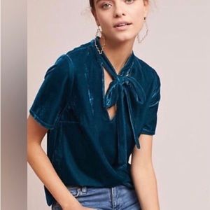 Anthro teal blue velvet pussybow blouse